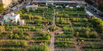 Vibrant urban community garden with diverse crops and people gardening