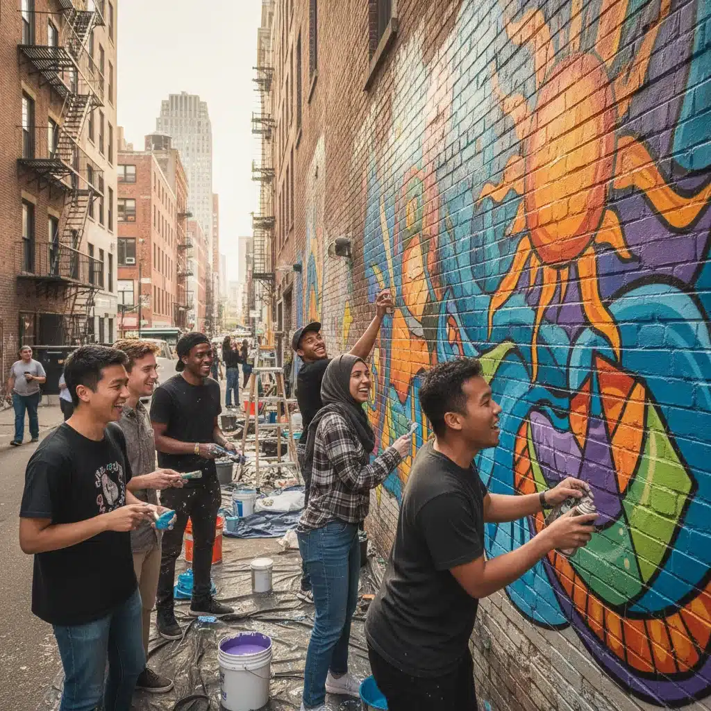 Young adults from diverse backgrounds painting a collaborative public art mural.