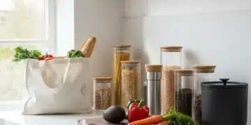 Stylish zero-waste kitchen with reusable containers and fresh produce