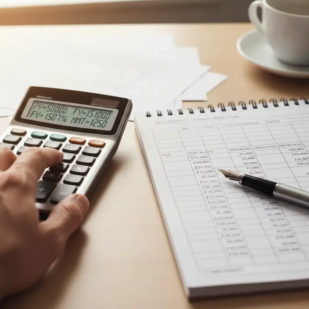 Calculating 401(k) contributions and budget on a desk