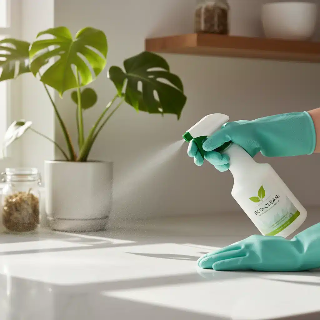 Person cleaning kitchen counter with eco-friendly spray cleaner and reusable gloves.