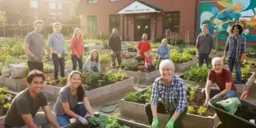Diverse volunteers planting in a community garden, symbolizing growth and unity.