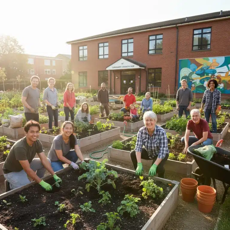 Diverse volunteers planting in a community garden, symbolizing growth and unity.