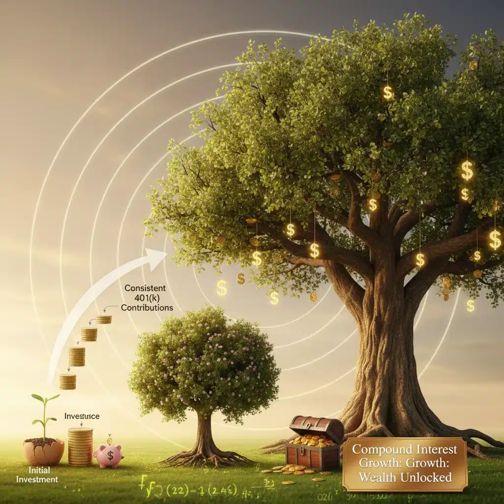 Compound interest growth with a growing plant, symbolizing long-term 401(k) investment