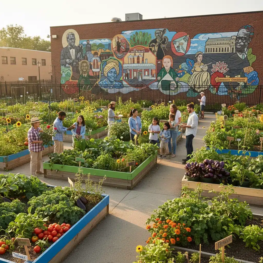 Diverse community members actively working and socializing in a vibrant urban community garden.