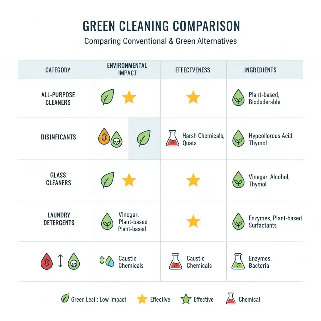 Infographic comparing environmental impact and effectiveness of various cleaning products.