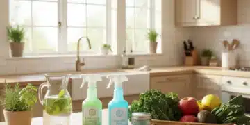 Assortment of eco-friendly cleaning products in a modern, clean kitchen setting.