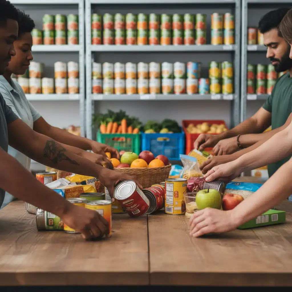 Diverse hands sorting food at a local food bank, illustrating community support.