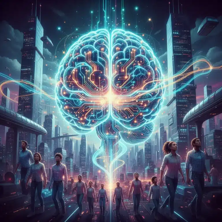 Dynamic brain pathways representing growth mindset in a futuristic city