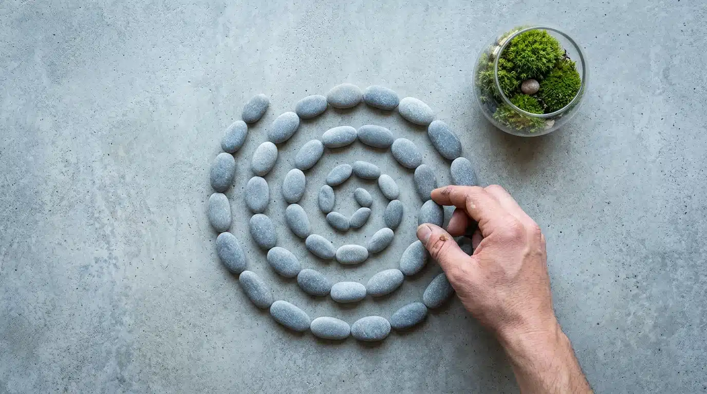 A human hand arranging river stones into a geometric spiral on concrete, next to a moss terrarium, symbolizing holistic sustainable living principles beyond simple recycling.