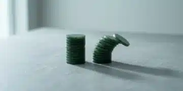 A minimalist modern photograph depicting green jade tokens, one stack balanced, the other toppling, symbolizing loss aversion and financial fragility.