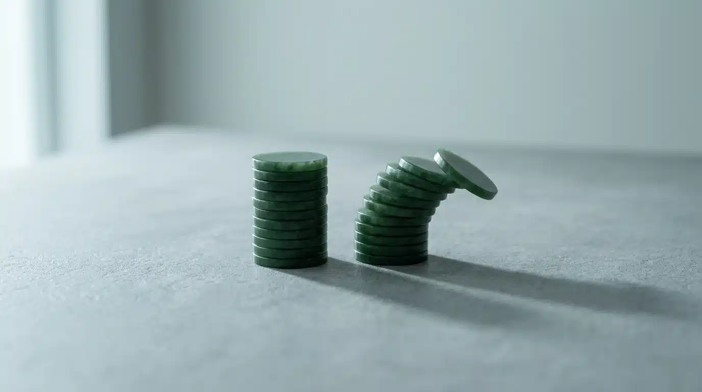 A minimalist modern photograph depicting green jade tokens, one stack balanced, the other toppling, symbolizing loss aversion and financial fragility.