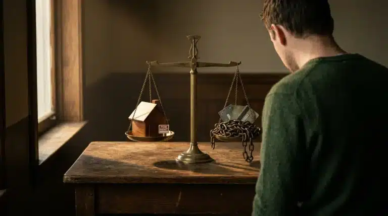 A person examining an antique brass balance scale, with a wooden house model on one side symbolizing 'good debt' and tangled iron chains with credit cards on the other, representing 'bad debt,' under dramatic golden hour lighting.