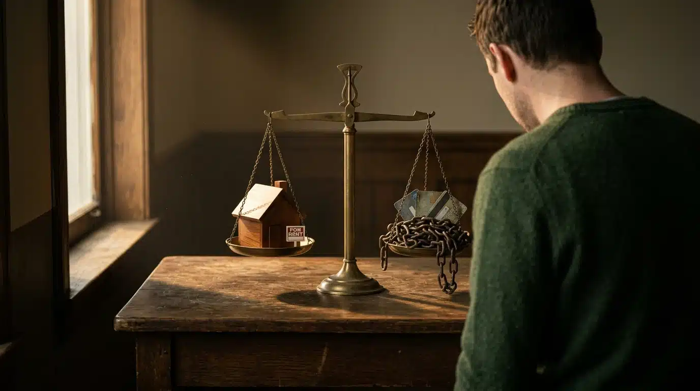 A person examining an antique brass balance scale, with a wooden house model on one side symbolizing 'good debt' and tangled iron chains with credit cards on the other, representing 'bad debt,' under dramatic golden hour lighting.