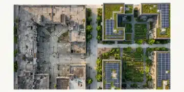 Impact Investments: Propelling Community Development Through Ethical Choices Aerial drone shot of an urban area transforming, showing a clear divide between neglected, gray buildings and a vibrant, green community development with gardens and solar panels, illustrating ethical investment impact.