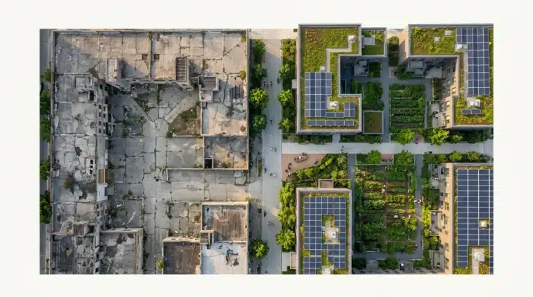 Aerial drone shot of an urban area transforming, showing a clear divide between neglected, gray buildings and a vibrant, green community development with gardens and solar panels, illustrating ethical investment impact.