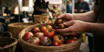 A person's hands selecting fresh, organically grown heirloom tomatoes from a wooden basket at an outdoor farmers' market, showcasing ethical consumption and support for local businesses.