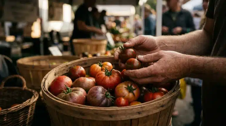 A person's hands selecting fresh, organically grown heirloom tomatoes from a wooden basket at an outdoor farmers' market, showcasing ethical consumption and support for local businesses.