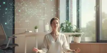 Person meditating in modern office for inner peace