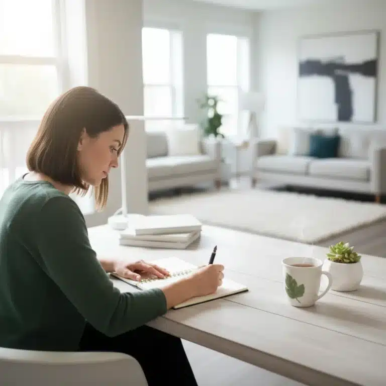Person journaling, embodying intentional living and daily planning for future fulfillment.