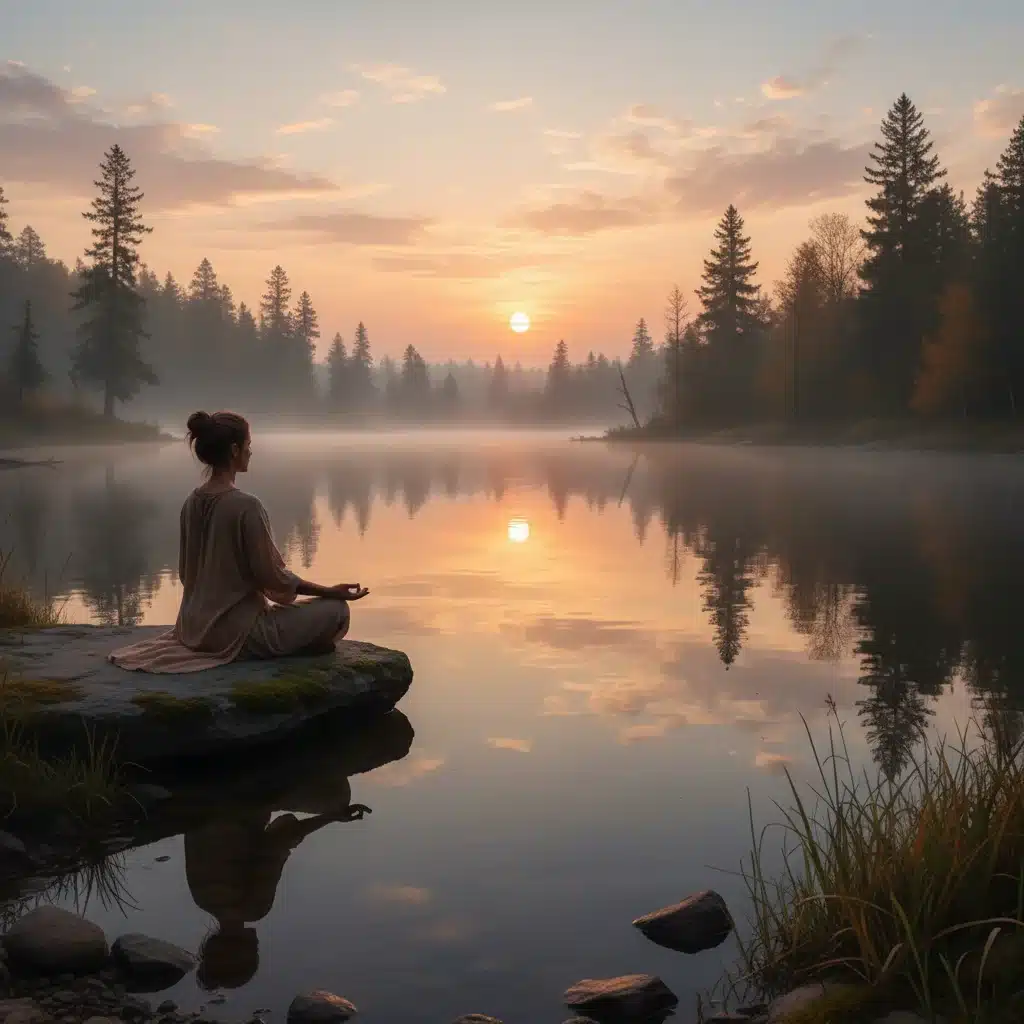 Person meditating by a lake at sunrise, representing mindfulness and self-care.