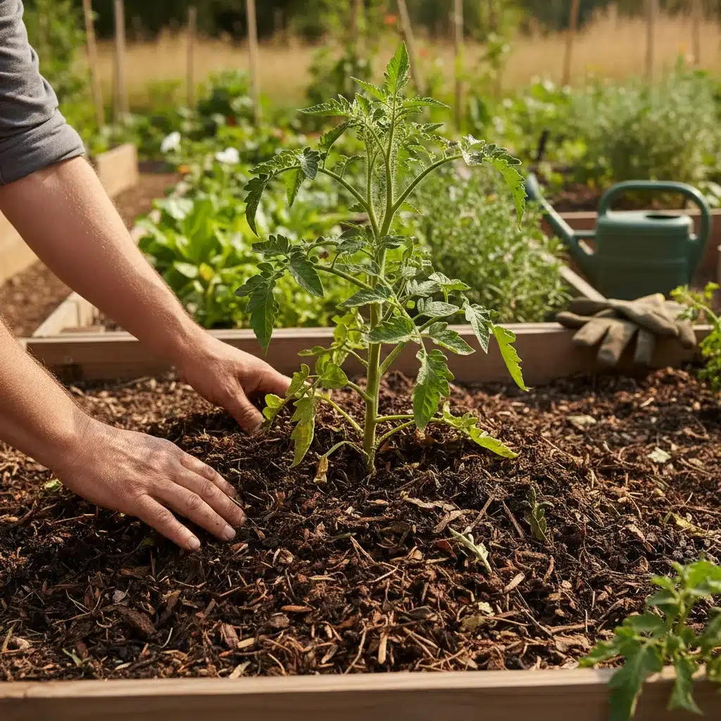 Gardener applying organic mulch to young tomato plant