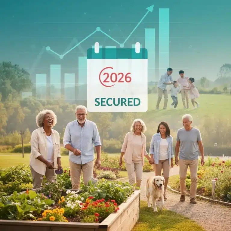Seniors enjoying retirement activities with financial charts overlay, symbolizing boosted social security benefits and strategic planning for 2026.