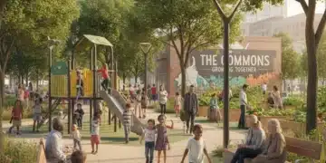 Diverse community enjoying a revitalized urban park, fostering social interaction and well-being.