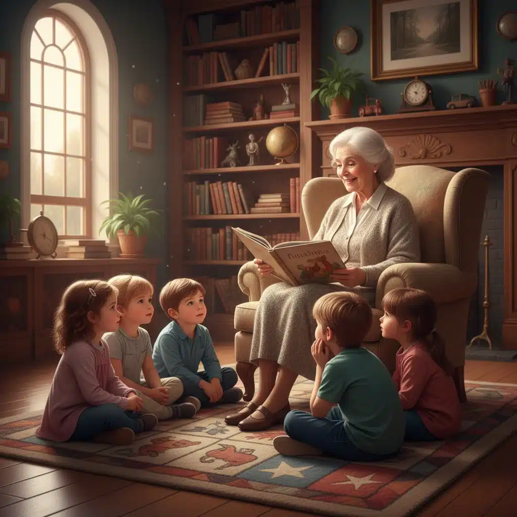 Elderly woman reading to children in a library, promoting intergenerational literacy.