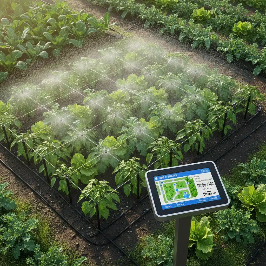 Smart irrigation system watering a vegetable garden precisely