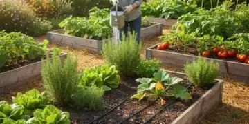 Lush sustainable garden with drip irrigation and healthy plants