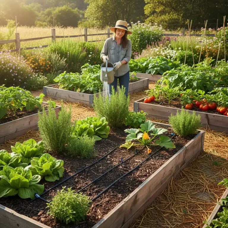 Lush sustainable garden with drip irrigation and healthy plants