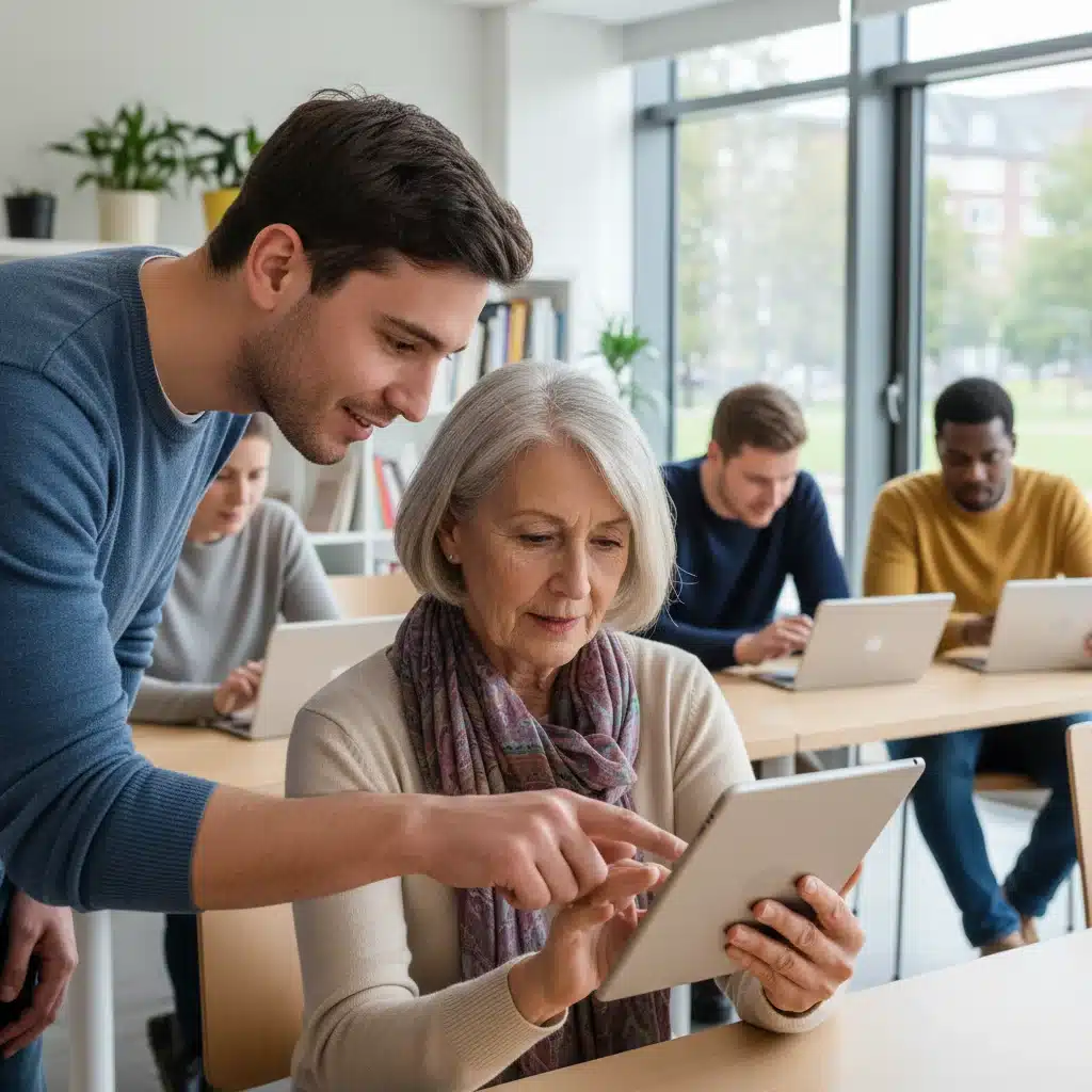 Young adult teaching senior technology, bridging digital skills gap.