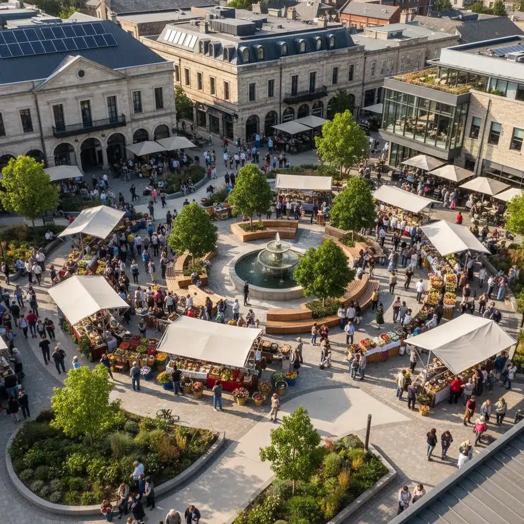 Aerial view of a bustling revitalized town square with a farmers' market and community gathering.