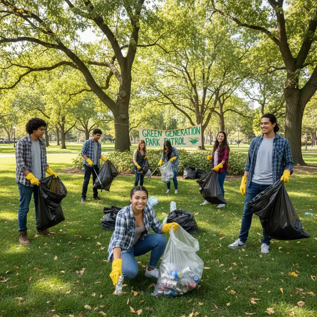 Young volunteers cleaning up a local park, demonstrating environmental stewardship.